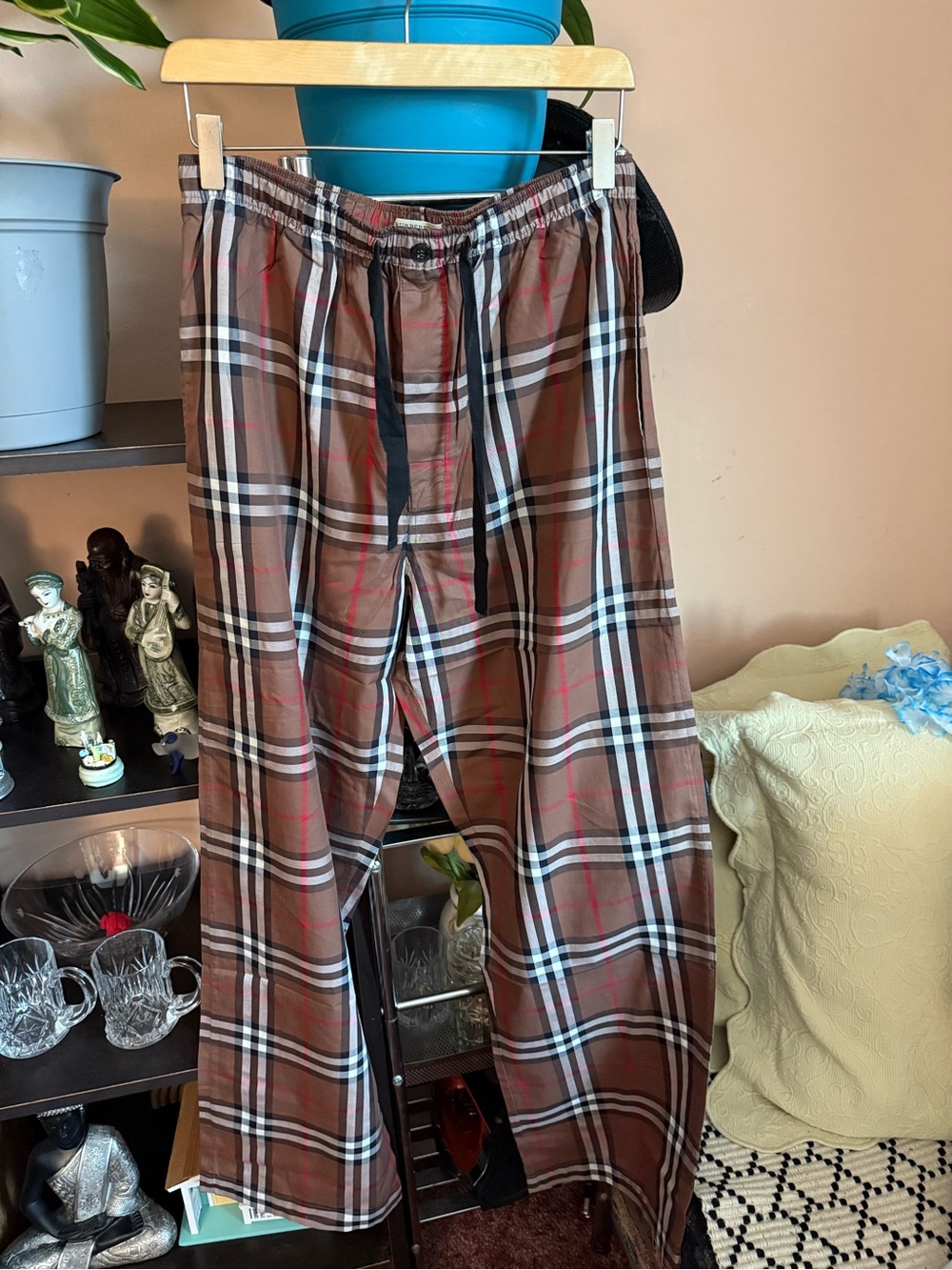 Burberry Brown Plaid Elastic Waist Pants with Red Accents